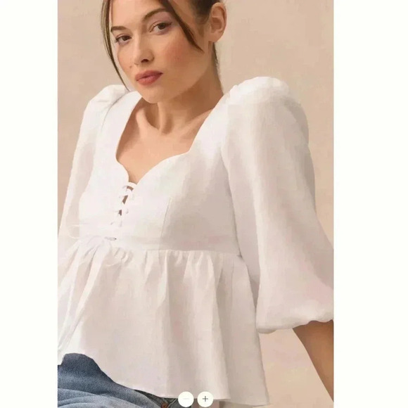 NWT Reformation Abigail White 100% Linen Puff Sleeve Prairie Blouse Top Size 10 - Picture 2 of 10